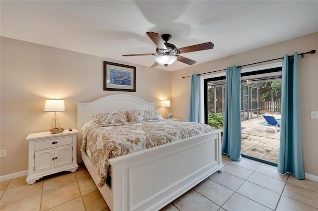 tiled bedroom with ceiling fan and access to exterior