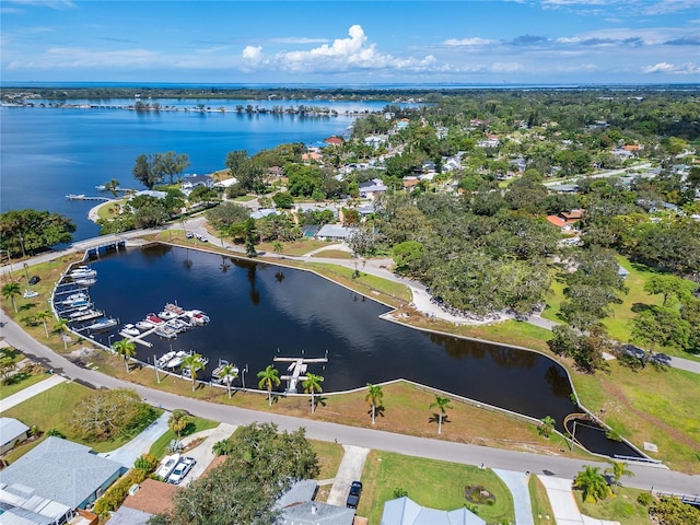 bird's eye view with a water view