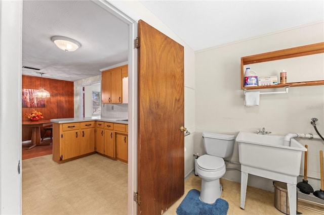 bathroom featuring backsplash, vanity, wood walls, and toilet