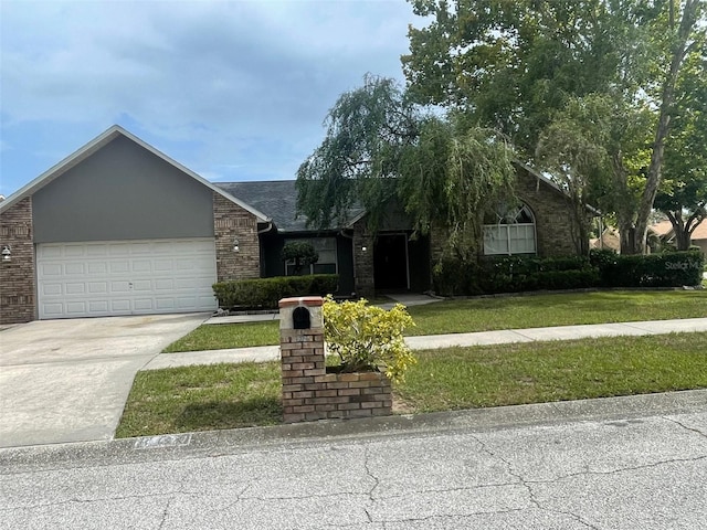 ranch-style home with a garage and a front lawn