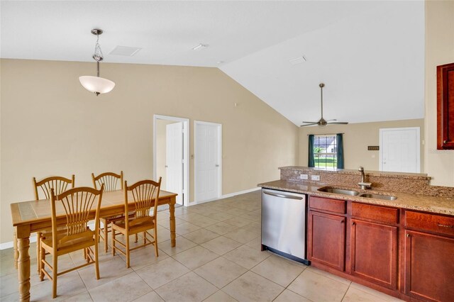 kitchen featuring ceiling fan, sink, stainless steel dishwasher, decorative light fixtures, and vaulted ceiling