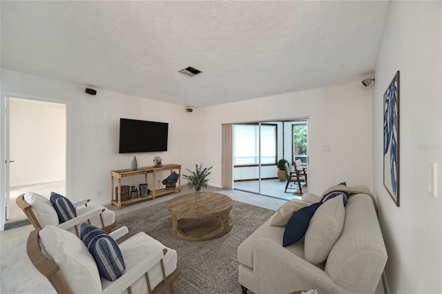 living room featuring a textured ceiling and light colored carpet