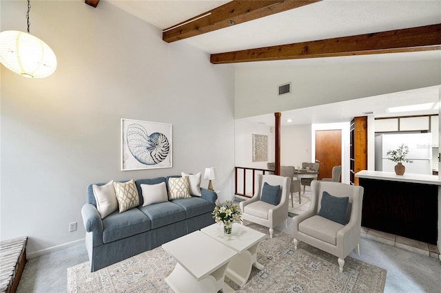 living room featuring light carpet, beam ceiling, and high vaulted ceiling