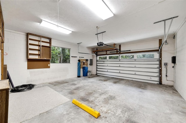 garage with a garage door opener and electric panel