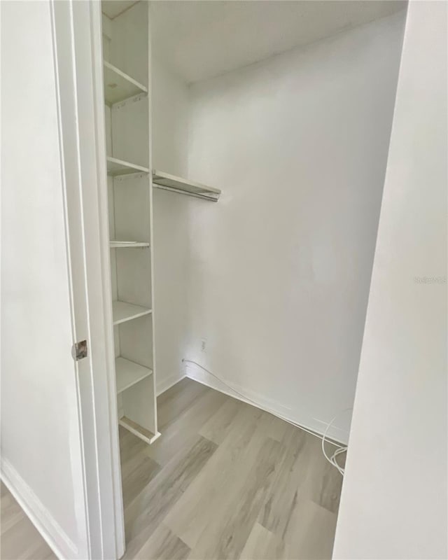 walk in closet with light hardwood / wood-style floors