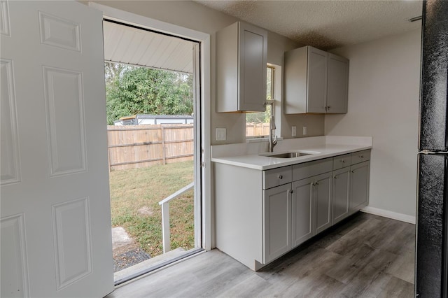 kitchen featuring a wealth of natural light, gray cabinets, hardwood / wood-style flooring, and sink