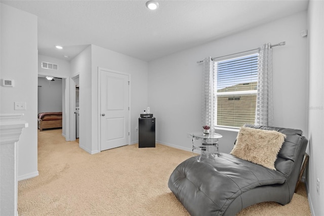 sitting room featuring light carpet