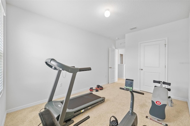 workout area featuring light carpet