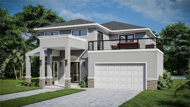 contemporary house with a balcony, a garage, and a front yard