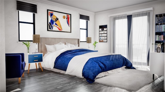 bedroom featuring ornamental molding and dark hardwood / wood-style flooring