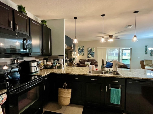 kitchen with ceiling fan, sink, tasteful backsplash, black appliances, and light stone countertops