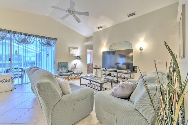 tiled living room featuring vaulted ceiling and ceiling fan