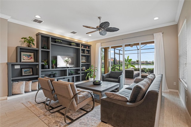 living room with ceiling fan, light hardwood / wood-style flooring, and ornamental molding