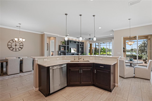 kitchen featuring dark brown cabinetry, a kitchen island with sink, hanging light fixtures, and stainless steel dishwasher