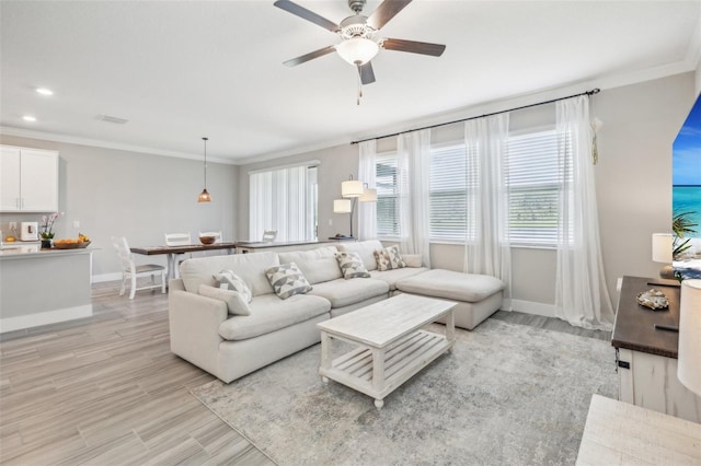 living room featuring light hardwood / wood-style floors, ceiling fan, and crown molding