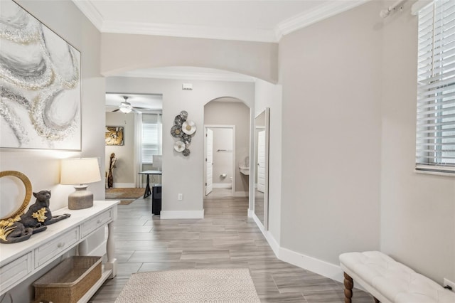 corridor featuring ornamental molding and light hardwood / wood-style flooring