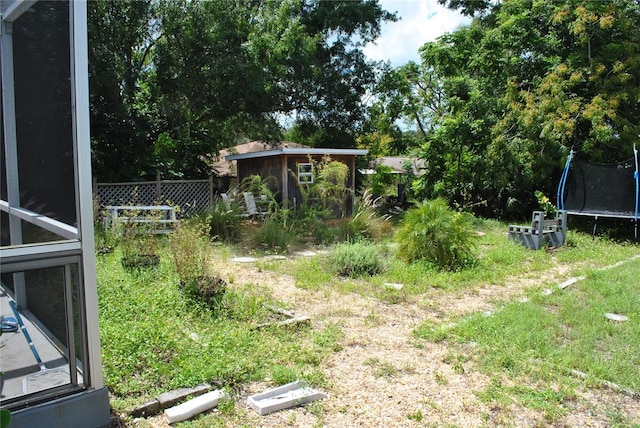 view of yard featuring a trampoline and an outbuilding