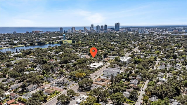 birds eye view of property featuring a water view