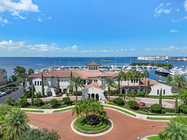 drone / aerial view featuring a water view