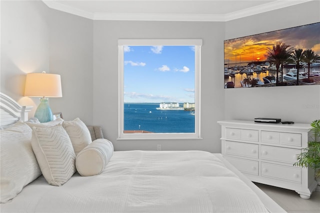 bedroom with ornamental molding and a water view