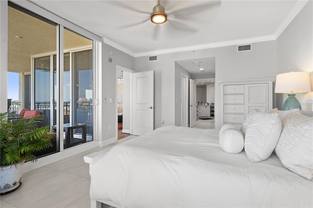 bedroom with ceiling fan, crown molding, access to outside, and light tile patterned floors