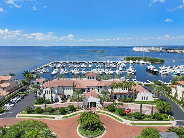 drone / aerial view with a water view