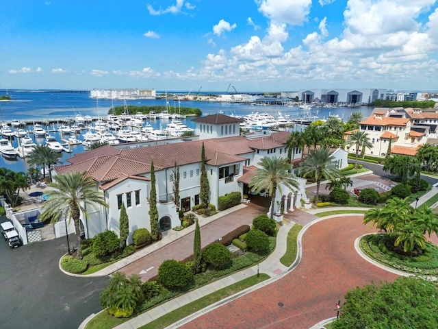 drone / aerial view featuring a water view