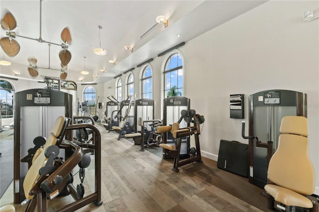 exercise room with a healthy amount of sunlight and carpet