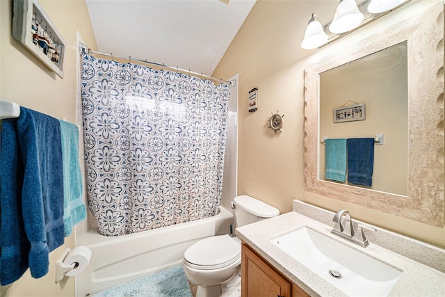 full bathroom with vanity, toilet, shower / bathtub combination with curtain, and vaulted ceiling