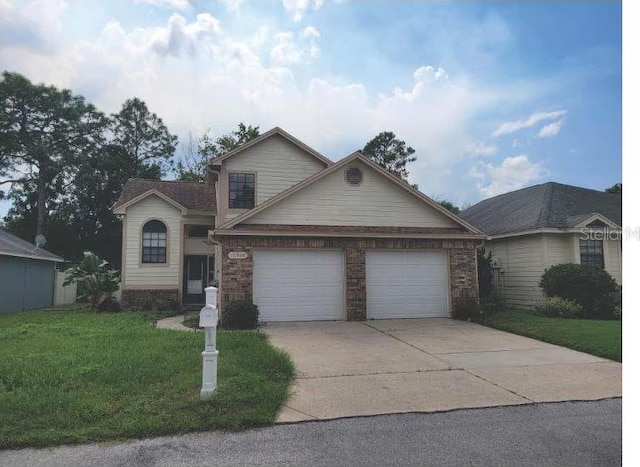 10908 Claymont Dr, New Port Richey, FL 34654 - traditional-style home with concrete driveway, an attached garage, a front yard, and brick siding