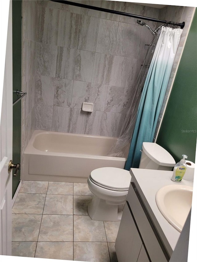 10908 Claymont Dr, New Port Richey, FL 34654 - bathroom with shower / bath combination with curtain, toilet, tile patterned flooring, and vanity