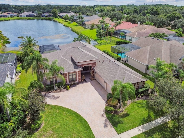 drone / aerial view with a water view