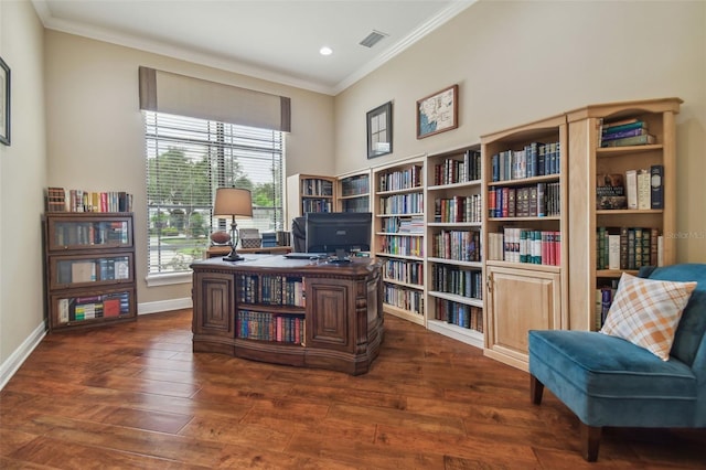 office space with ornamental molding and dark hardwood / wood-style flooring