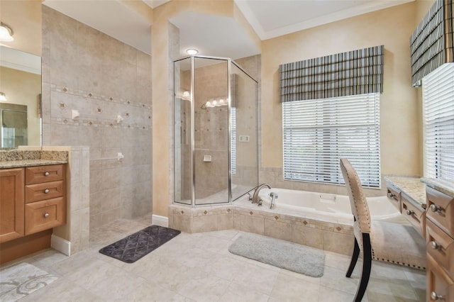 bathroom featuring crown molding, tile patterned flooring, vanity, and plus walk in shower