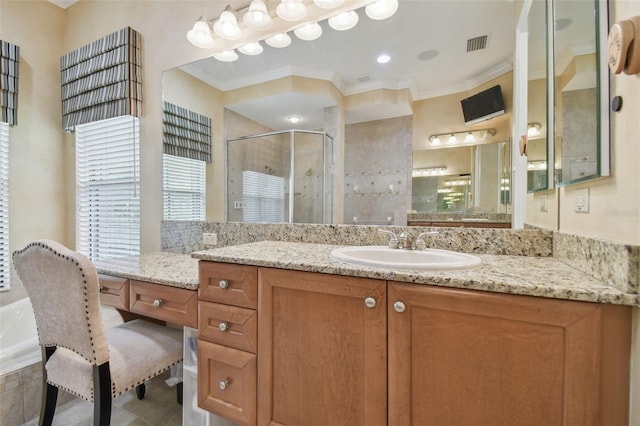 bathroom with crown molding, separate shower and tub, and vanity