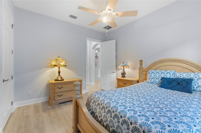 bedroom with ceiling fan and light wood-type flooring