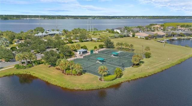 bird's eye view with a water view