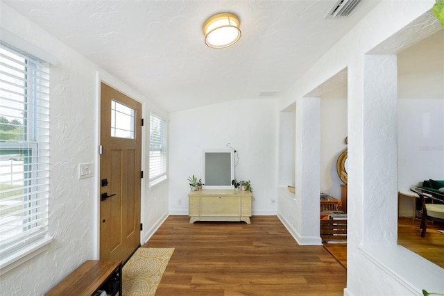 foyer entrance with vaulted ceiling and dark wood-type flooring