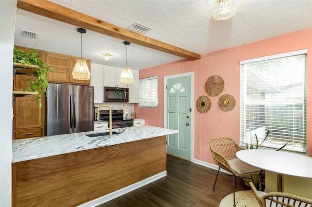 1419 30th Ave N, Saint Petersburg, FL 33704 - kitchen featuring freestanding refrigerator, electric range, beamed ceiling, baseboards, and dark wood-style floors