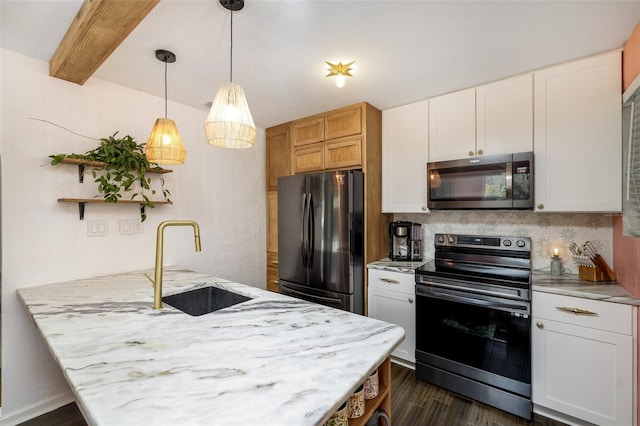 1419 30th Ave N, Saint Petersburg, FL 33704 - kitchen featuring stainless steel appliances, open shelves, a peninsula, a sink, and decorative backsplash