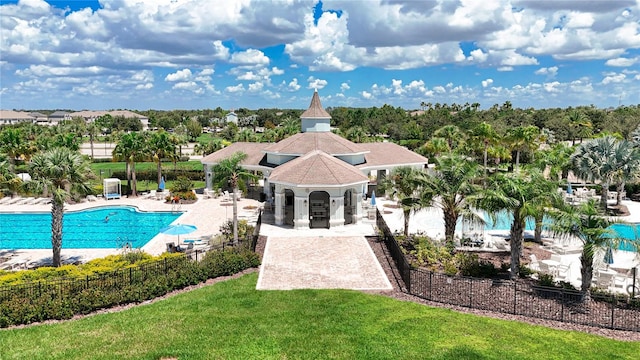 view of pool with a gazebo, a patio area, and a lawn