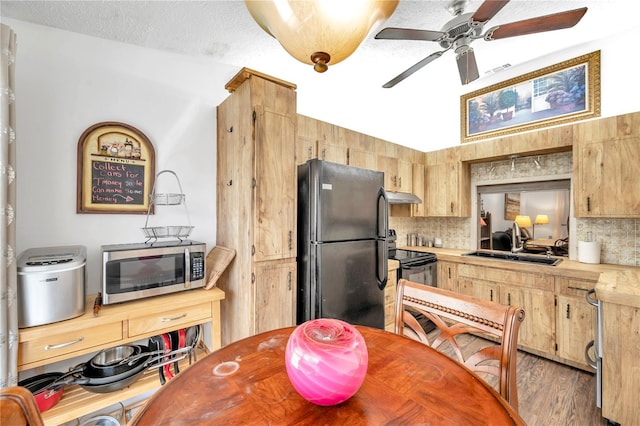 kitchen featuring appliances with stainless steel finishes, backsplash, ceiling fan, hardwood / wood-style flooring, and sink