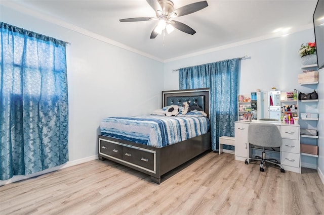 bedroom featuring ceiling fan, ornamental molding, and light hardwood / wood-style floors