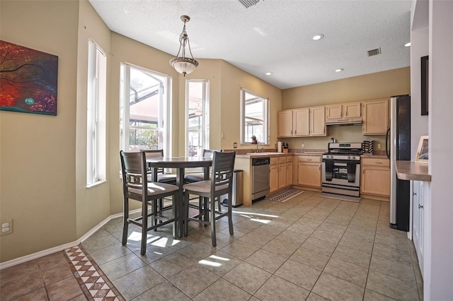 kitchen featuring a wealth of natural light, light brown cabinets, appliances with stainless steel finishes, and hanging light fixtures