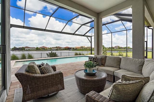 view of patio featuring a fenced in pool, outdoor lounge area, a water view, and glass enclosure