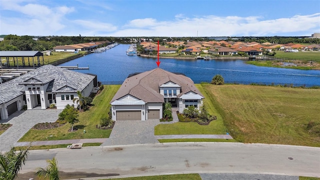 aerial view featuring a water view