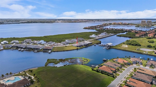 bird's eye view with a water view