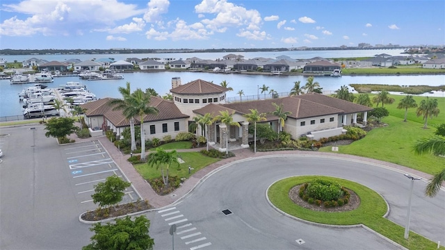 bird's eye view with a water view