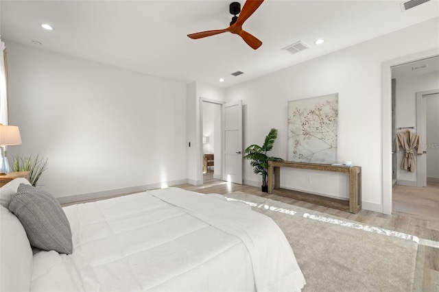 bedroom featuring recessed lighting, light wood-type flooring, and visible vents