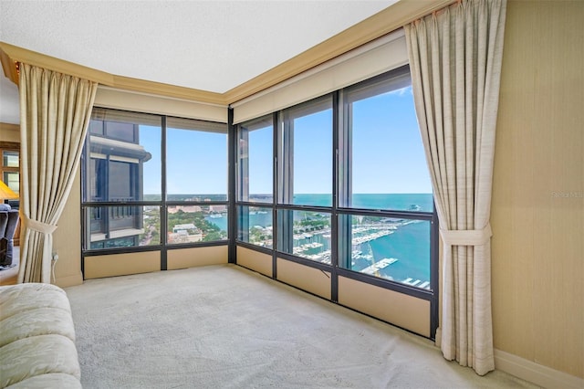 interior space featuring carpet, a textured ceiling, multiple windows, and a water view